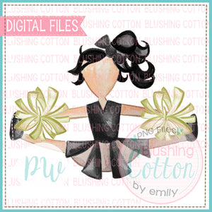 CHEERLEADER BLACK AND GOLD WITH BLACK HAIR DESIGN WATERCOLOR PNG BCPW