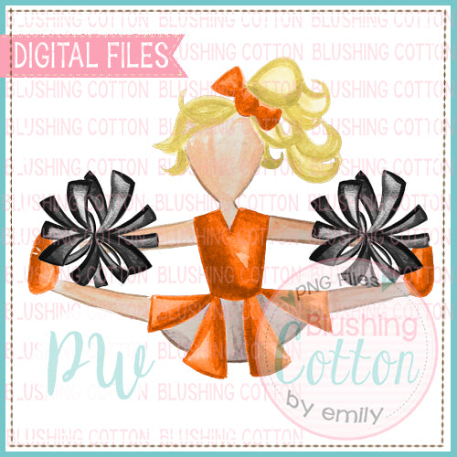 CHEERLEADER ORANGE AND BLACK UNIFORM WITH BLONDE HAIR WATERCOLOR DIGITAL FILE BCPW