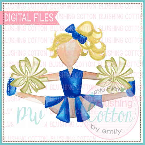 CHEERLEADER WITH BLONDE HAIR ROYAL BLUE AND GOLD DESIGN WATERCOLOR PNG BCPW