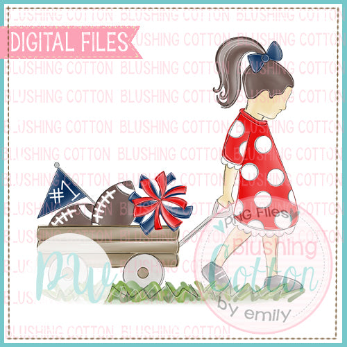 BRUNETTE GIRL PULLING WAGON NAVY AND RED FOOTBALL DESIGN   BCPW