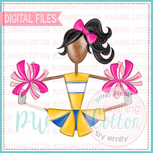 CHEERLEADER AFRICAN AMERICAN YELLOW AND ROYAL WITH PINK POMPOMS  BCPW
