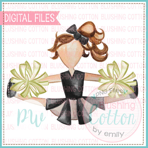 CHEERLEADER BLACK AND GOLD WITH BRUNETTE HAIR DESIGN WATERCOLOR PNG BCPW