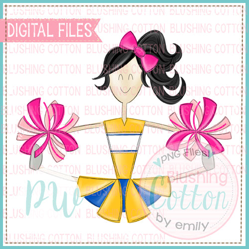 CHEERLEADER BLACK HAIR YELLOW AND ROYAL WITH PINK POMPOMS  BCPW