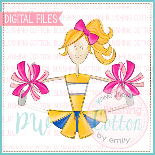 CHEERLEADER BLONDE HAIR YELLOW AND ROYAL WITH PINK POMPOMS   BCPW