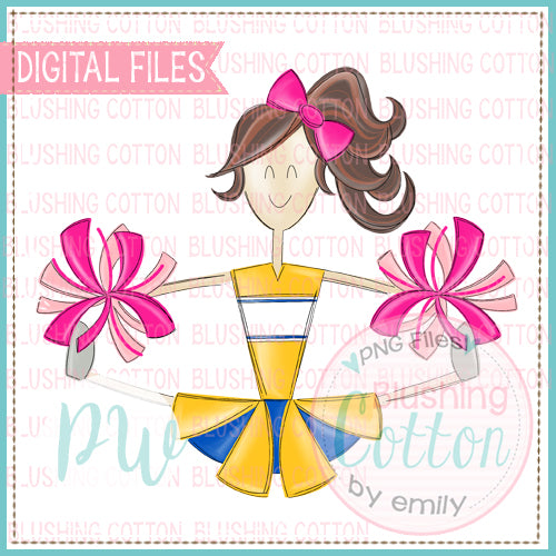 CHEERLEADER BRUNETTE HAIR YELLOW AND ROYAL WITH PINK POMPOMS   BCPW