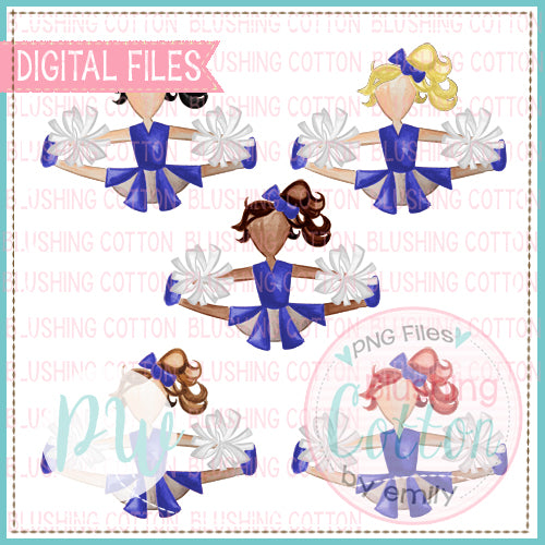 CHEERLEADER SET ROYAL AND WHITE  AFRICAN AMERICAN AND 4 HAIR COLORS WATERCOLOR DESIGN PNG DIGITAL FILE BCPW