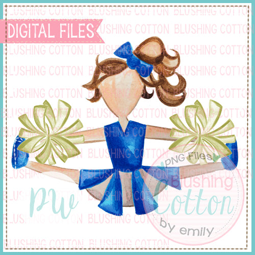 CHEERLEADER BROWN HAIR ROYAL BLUE AND GOLD DESIGN WATERCOLOR PNG BCPW