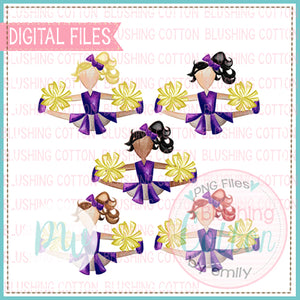 CHEERLEADER SET WITH ALL HAIR COLORS PURPLE AND YELLOW DESIGN WATERCOLOR PNG BCPW