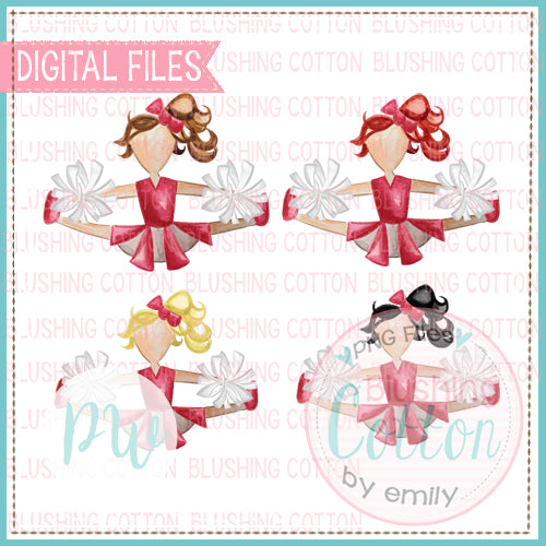 CHEERLEADER SET RED AND WHITE WITH ALL HAIR COLORS DESIGNS WATERCOLOR PNG BCPW