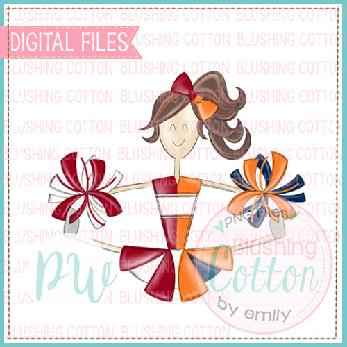 CHEERLEADER BRUNETTE CRIMSON RED WHITE AND NAVY ORANGE UNIFORM DESIGN BCPW