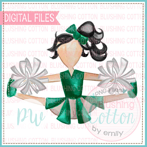 CHEERLEADER GREEN AND WHITE WITH BLACK HAIR WATERCOLOR PNG BCPW