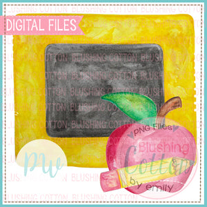 CHALKBOARD WITH APPLE AND PENCIL WATERCOLOR PNG