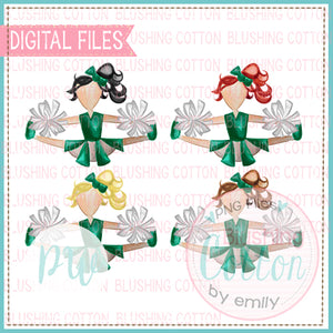 CHEERLEADER SET GREEN AND WHITE WITH ALL HAIR COLORS WATERCOLOR PNG BCPW