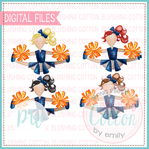 CHEERLEADER SET NAVY AND ORANGE WITH ALL HAIR COLORS WATERCOLOR PNG BCPW