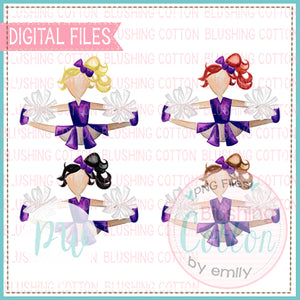 CHEERLEADER SET PURPLE AND WHITE WITH ALL HAIR COLORS WATERCOLOR PNG BCPW