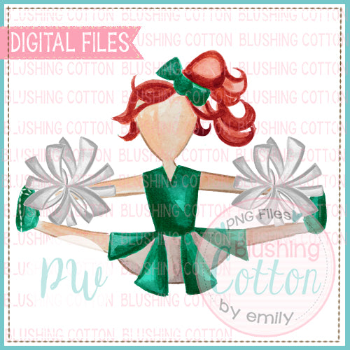 CHEERLEADER GREEN AND WHITE WITH RED HAIR WATERCOLOR PNG BCPW