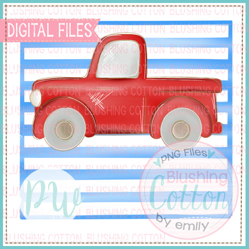 OLD RED TRUCK WITH BLUE STRIPE BACKGROUND WATERCOLOR DESIGN BCPW