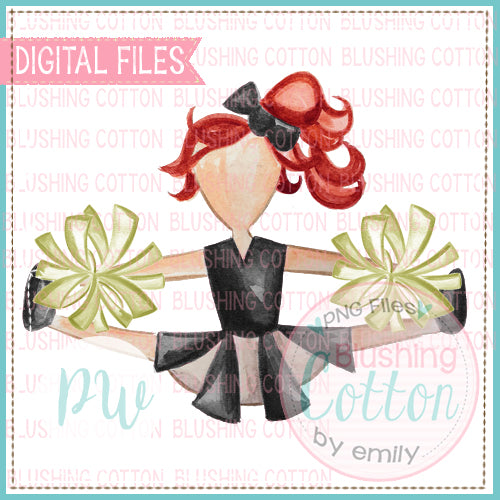 CHEERLEADER BLACK AND GOLD WITH RED HAIR DESIGN WATERCOLOR PNG BCPW