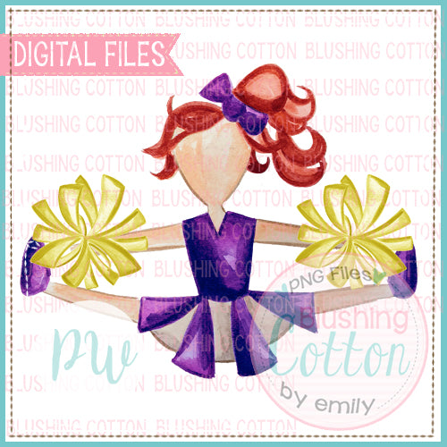 CHEERLEADER RED HAIR WITH PURPLE AND YELLOW DESIGN WATERCOLOR PNG BCPW