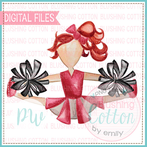 CHEERLEADER RED AND BLACK WITH RED HAIR DESIGN WATERCOLOR PNG BCPW