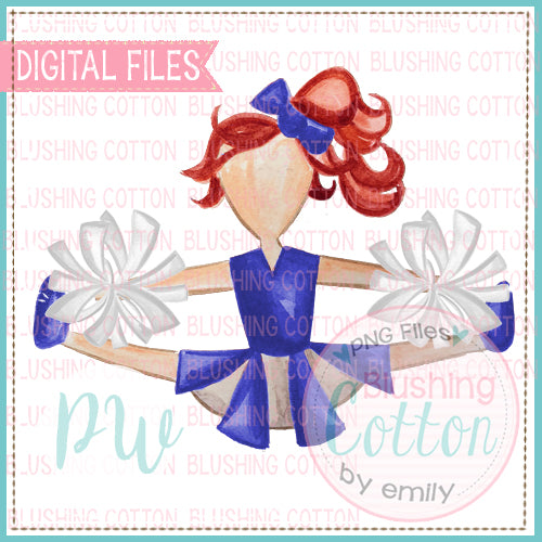 CHEERLEADER ROYAL BLUE AND WHITE UNIFORM WITH RED HAIR WATERCOLOR DESIGN PNG DIGITAL FILE BCPW