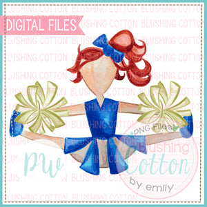 CHEERLEADER RED HAIR WITH ROYAL BLUE AND GOLD DESIGN WATERCOLOR PNG BCPW