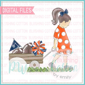 Girl Pulling Wagon Brunette Hair in Orange and Navy Watercolor PNG Design   BCPW