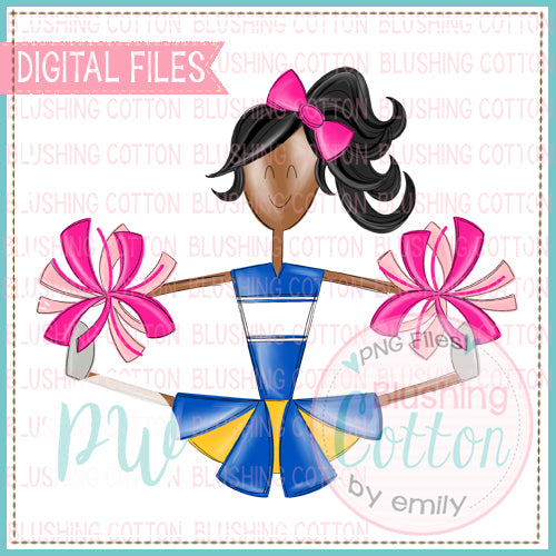 CHEERLEADER AFRICAN AMERICAN ROYAL AND YELLOW WITH PINK POMPOMS  BCPW