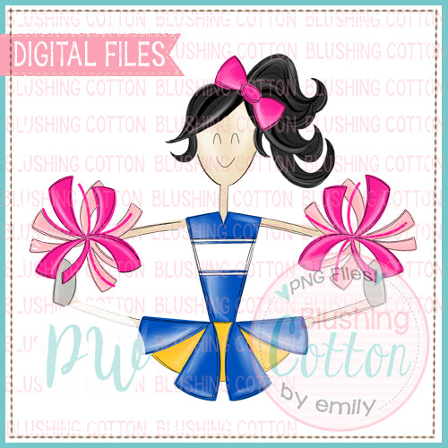 CHEERLEADER BLACK HAIR ROYAL AND YELLOW WITH PINK POMPOMS   BCPW
