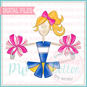 CHEERLEADER BLONDE HAIR ROYAL AND YELLOW WITH PINK POMPOMS  BCPW