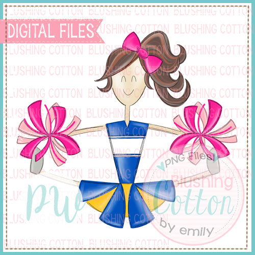 CHEERLEADER BRUNETTE HAIR ROYAL AND YELLOW WITH PINK POMPOMS  BCPW