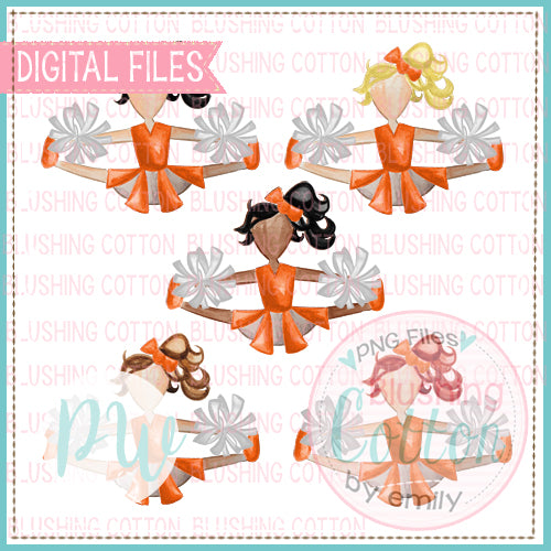 CHEERLEADER SET ORANGE AND WHITE WITH AFRICAN AMERICAN AND 4 HAIR COLORS WATERCOLOR DESIGN PNG FILE BCPW