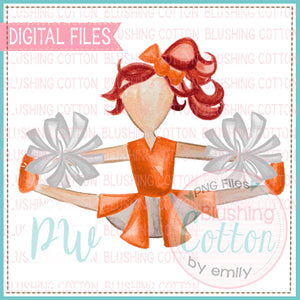 CHEERLEADER ORANGE AND WHITE UNIFORM WITH RED HAIR WATERCOLOR DESIGN PNG FILE BCPW
