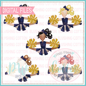 CHEERLEADER NAVY AND GOLD SET AFRICAN AMERICAN AND 4 HAIR COLORS WATERCOLOR DESIGNS PNG DIGITAL FILE BCSJ