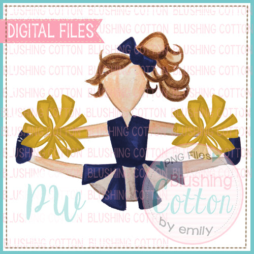 CHEERLEADER NAVY AND GOLD WITH BRUNETTE HAIR WATERCOLOR DESIGN PNG DIGITAL FILE BCPW