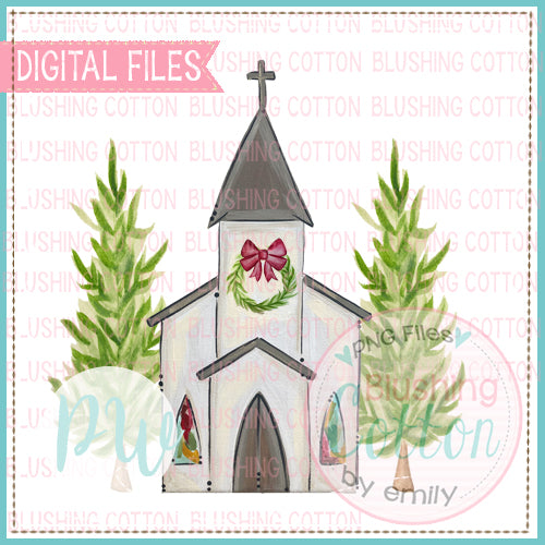 CHURCH WITH TREES AND WREATH CHRISTMAS BCPW