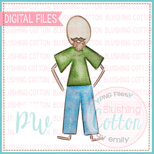 STICK FIGURE ADULT MALE BALD AND MUSTACHE WATERCOLOR DESIGN BCPW