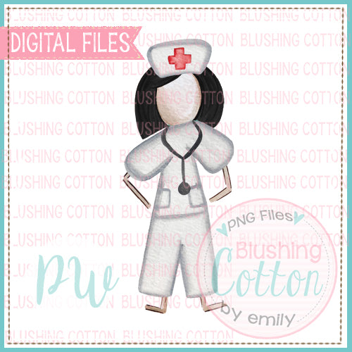 STICK FIGURE ADULT FEMALE NURSE BLACK HAIR WATERCOLOR DESIGN BCPW