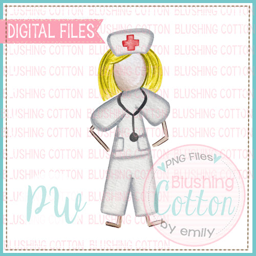 STICK FIGURE ADULT FEMALE NURSE BLONDE HAIR WATERCOLOR DESIGN BCPW