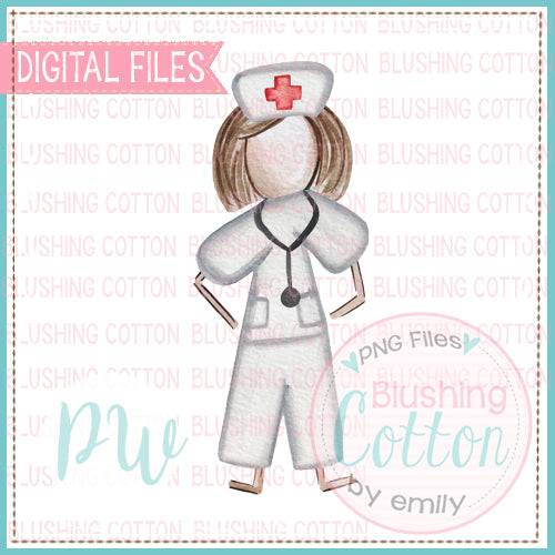 STICK FIGURE ADULT FEMALE NURSE BROWN HAIR WATERCOLOR DESIGN BCPW