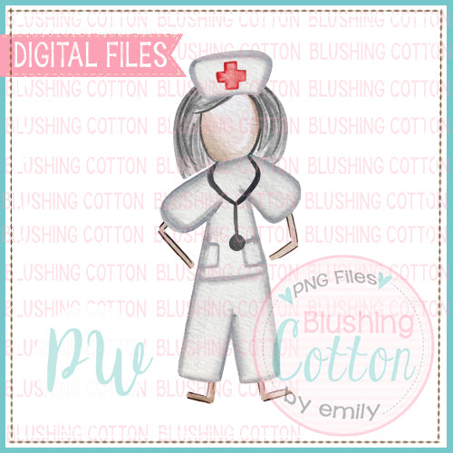 STICK FIGURE ADULT FEMALE NURSE GRAY HAIR WATERCOLOR DESIGN BCPW