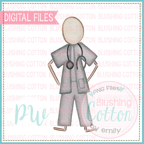 STICK FIGURE ADULT MALE DOCTOR BALD WATERCOLOR DESIGN BCPW
