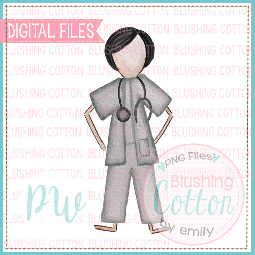 STICK FIGURE ADULT MALE DOCTOR BLACK HAIR WATERCOLOR DESIGN BCPW