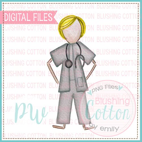 STICK FIGURE ADULT MALE DOCTOR BLONDE HAIR WATERCOLOR DESIGN BCPW