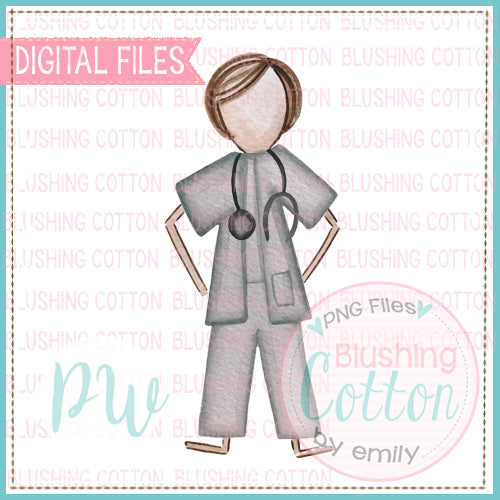 STICK FIGURE ADULT MALE DOCTOR BROWN HAIR WATERCOLOR DESIGN BCPW