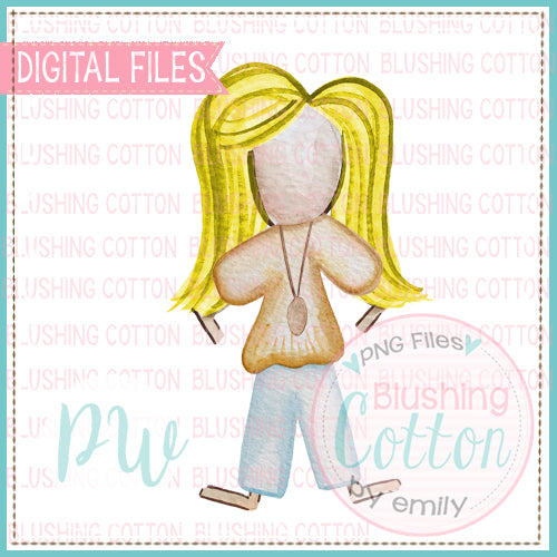 STICK FIGURE TEENAGE GIRL BLONDE HAIR WATERCOLOR DESIGN BCPW