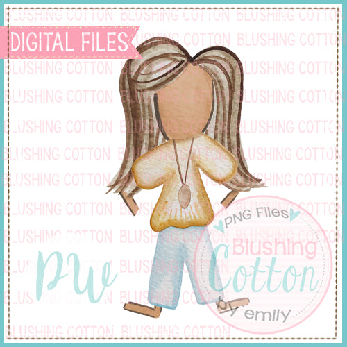 STICK FIGURE TEENAGE GIRL MEDIUM SKIN TONE BROWN HAIR WATERCOLOR DESIGN BCPW