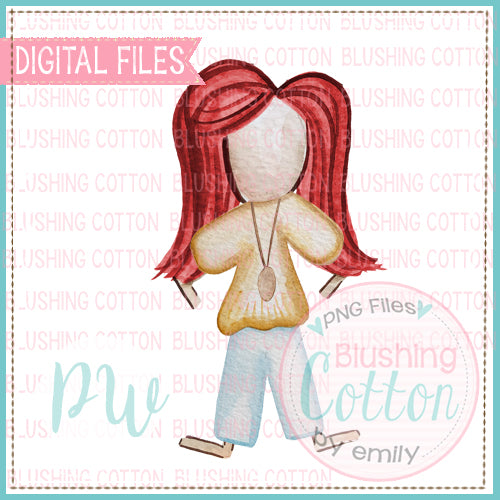 STICK FIGURE TEENAGE GIRL RED HAIR WATERCOLOR DESIGN BCPW