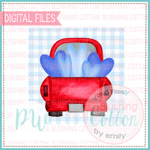 TRUCK BACK RED WITH BLUE HEARTS ON BLUE CHECKERED BACKGROUND WATERCOLOR DESIGN BCPW