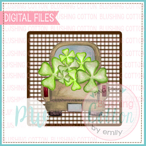 TRUCK BROWN WITH CLOVERS AND BROWN CHECK BACKGROUND WATERCOLOR DESIGN BCPW
